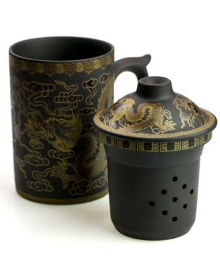 фото - Чашка глиняная с ситом “Два дракона” Черная. 250 мл