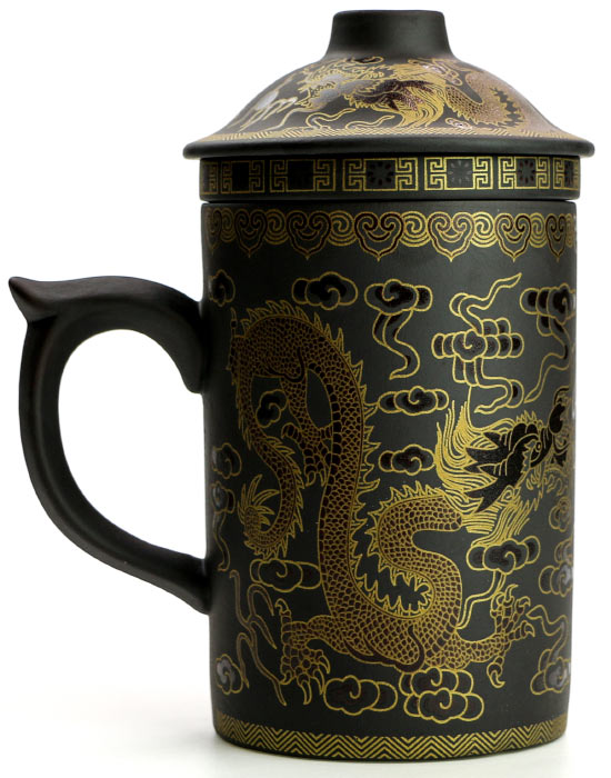 фото - Чашка глиняна з ситом “Два дракони” Чорна. 250 мл