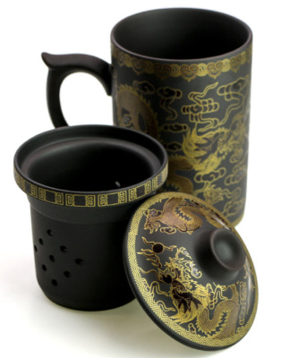 фото - Чашка глиняная с ситом “Два дракона” Черная. 250 мл