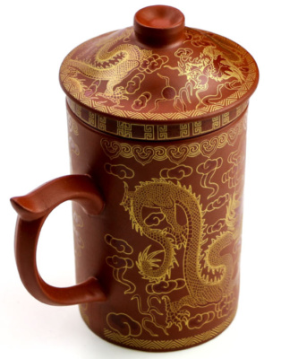 фото - Чашка глиняная с ситом “Два дракона” Красная. 250 мл