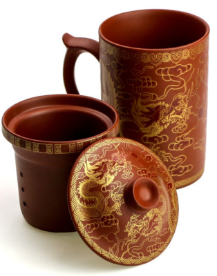 фото - Чашка глиняная с ситом “Два дракона” Красная. 250 мл