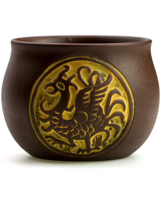 фото - Чашка глиняная  “Дракон и Феникс” Suzaku коричневая 80 мл.