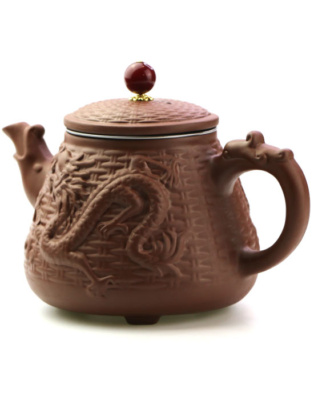 фото - Чайник коричневый дракон с фениксом в корзине из исинской глины, объем 500 мл