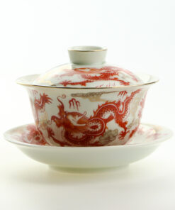фото - Гайвань красній дракон, с парящей крышкой и блюдцем, фарфор Дехуа, 150 мл