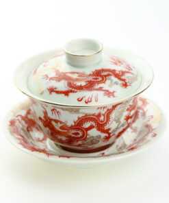 фото - Гайвань красній дракон, с парящей крышкой и блюдцем, фарфор Дехуа, 150 мл