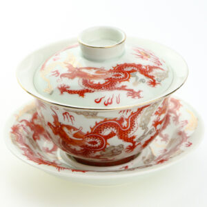фото - Гайвань красній дракон, с парящей крышкой и блюдцем, фарфор Дехуа, 150 мл