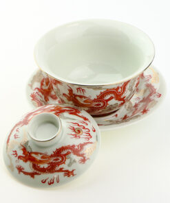 фото - Гайвань красній дракон, с парящей крышкой и блюдцем, фарфор Дехуа, 150 мл