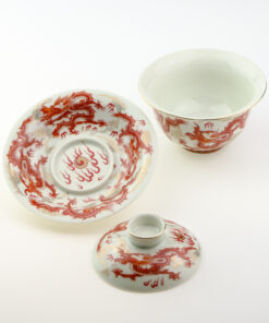 фото - Гайвань красній дракон, с парящей крышкой и блюдцем, фарфор Дехуа, 150 мл