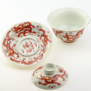 фото - Гайвань красній дракон, с парящей крышкой и блюдцем, фарфор Дехуа, 150 мл