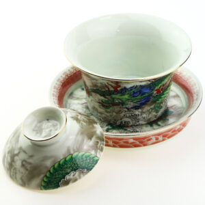 фото - Гайвань зеленый  дракон, с крышкой и блюдцем, фарфор Дехуа, 150 мл