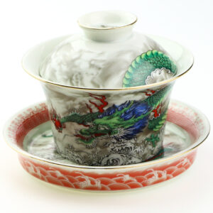 фото - Гайвань зеленый  дракон, с крышкой и блюдцем, фарфор Дехуа, 150 мл