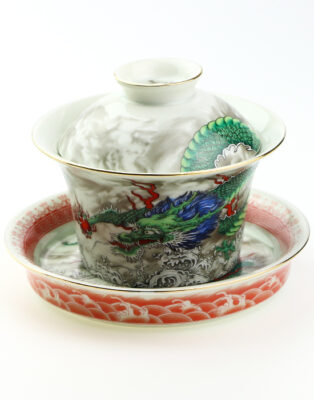 фото - Гайвань зеленый  дракон, с крышкой и блюдцем, фарфор Дехуа, 150 мл