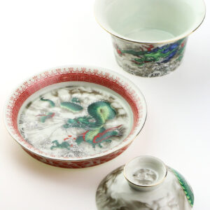 фото - Гайвань зеленый  дракон, с крышкой и блюдцем, фарфор Дехуа, 150 мл